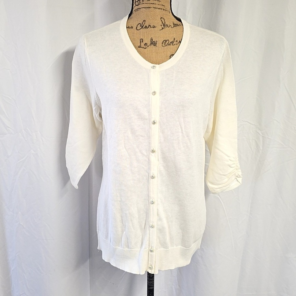 NWT NY&C Womens sz LT Cardigan Sweater White Button Up 3/4‎ Sleeve Lightweight